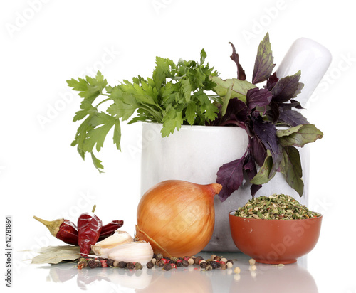 Photo: Set of ingredients and spice for cooking isolated on white Set of ingredients and spice for cooking isolated on white