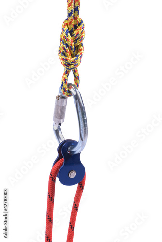 Photo: Climbing equipment - pulley, rope, carabiner Climbing equipment - pulley, rope, carabiner