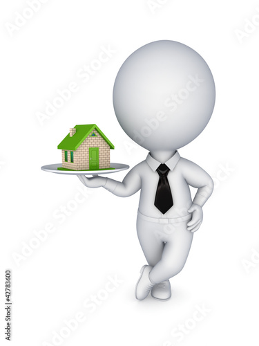 Ilustración: 3d person pulling hands to small house. 3d person pulling hands to small house.