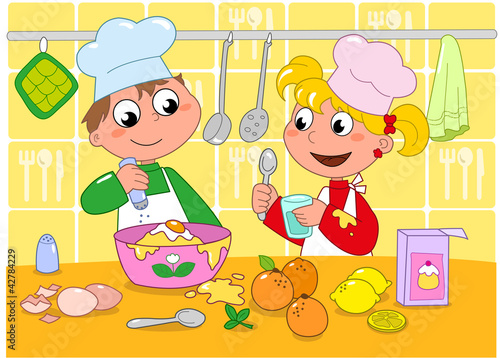 Vector: Bambini che cucinano con tanti ingredienti, vettore Bambini che cucinano con tanti ingredienti, vettore