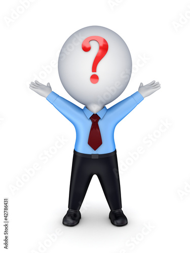 Illustration: 3d small person with a query sign on hands. 3d small person with a query sign on hands.