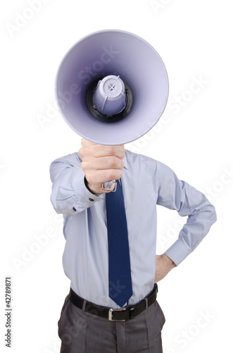 Photo: Man shouting and yelling with loudspeaker Man shouting and yelling with loudspeaker