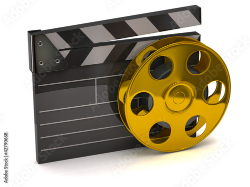 Illustration: Movie clapper board and golden film reel Movie clapper board and golden film reel