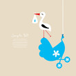 Stork With Baby Boy On Hanging Blue Buggy Beige