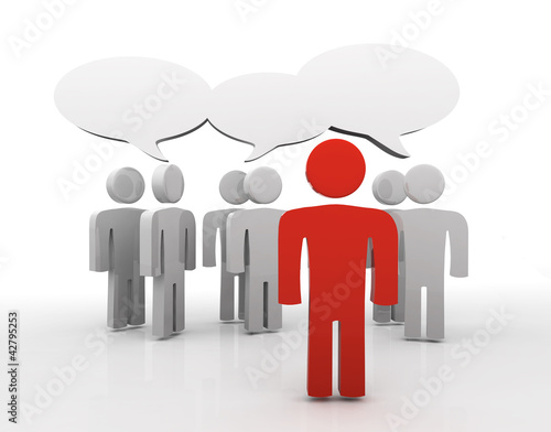 Illustration: Discussion, blank speech bubbles, 3d people Discussion, blank speech bubbles, 3d people