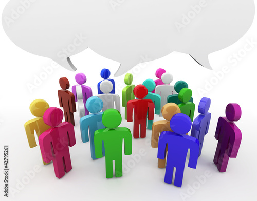 Illustration: Discussion, blank speech bubbles, 3d people Discussion, blank speech bubbles, 3d people