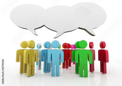 Illustration: Discussion, blank speech bubbles, 3d people Discussion, blank speech bubbles, 3d people