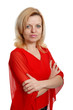 serious woman in a red blouse