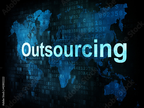 Illustration: Job, work concept: pixelated words Outsourcing on digital screen Job, work concept: pixelated words Outsourcing on digital screen