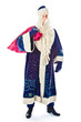 Santa Claus in a blue coat with a bag of gifts in red