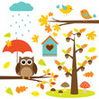 Vector: Birds,trees and owl. Autumnal set of vector elements Birds,trees and owl. Autumnal set of vector elements