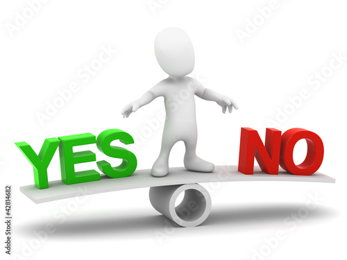 Illustration: 3d Little man balances yes and no 3d Little man balances yes and no