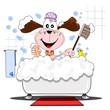 A cartoon dog having a bath