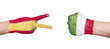 Game of rock, paper, scissors with flags of Spain and Italy