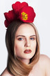 Pretty woman with red tulips close up portrait. Valentine s day