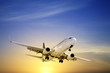 Jet Aeroplane Landing at Sunset Blue Yellow Copy Space