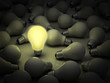 Leadership concept, Lit light bulb amongs unlit bulbs