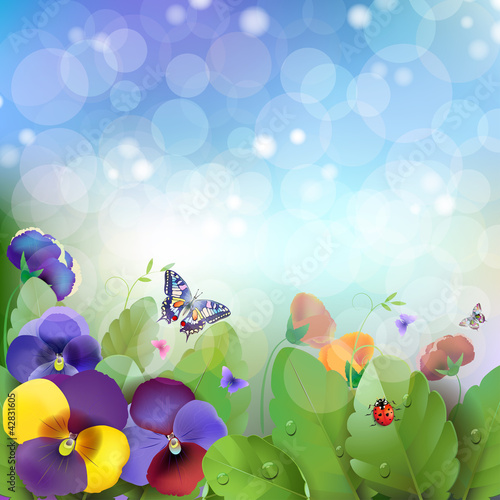 Vektor: Floral background, colorful pansies flowers in the meadow Floral background, colorful pansies flowers in the meadow