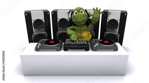 Illustration: tortoise DJ mixing records on turntables tortoise DJ mixing records on turntables