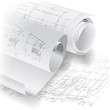 Architectural background with rolls of drawings