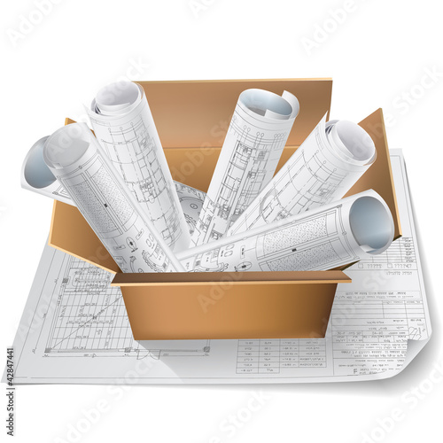 Vector: Architectural background with rolls of drawings Architectural background with rolls of drawings