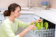 Dishwasher. Young woman in the Kitchen doing Housework. Wash-up