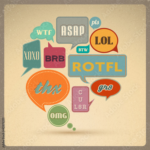 Vector: Most common used acronyms on retro style speech bubbles. Most common used acronyms on retro style speech bubbles.