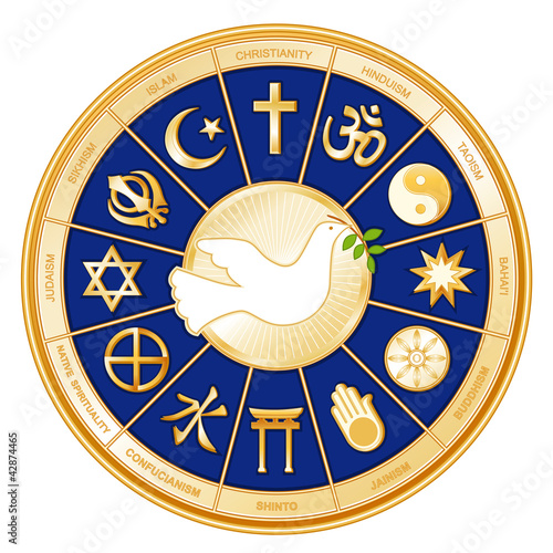Vector: World Religions Mandala, Dove of Peace, Labels World Religions Mandala, Dove of Peace, Labels