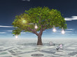 Tree with light bulbs grows out of US currency surface