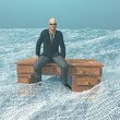Businessman on desk afloat on binary ocean