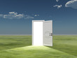 Single door emits light in empty landscape