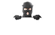 Thief with robbery mask holding blank white board