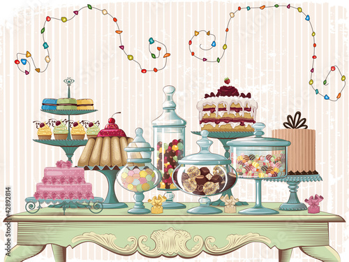 Vector: Cakes and glass jars with candies set on the antique table. Cakes and glass jars with candies set on the antique table.