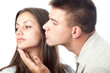Angry woman rejects her boyfriend isolated on white