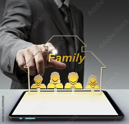 Photo: 3d family pixel icon and tablet computer as concept 3d family pixel icon and tablet computer as concept