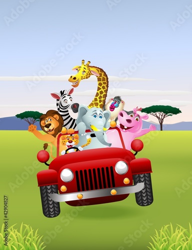 Vektor: African Animals In Red Car African Animals In Red Car