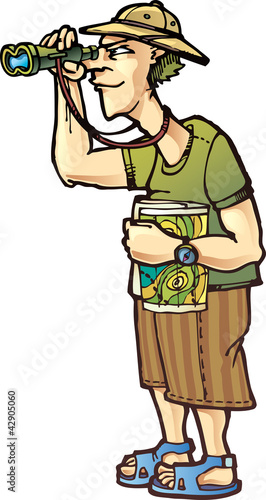 Vector: A traveler with the binoculars and the topographic map A traveler with the binoculars and the topographic map