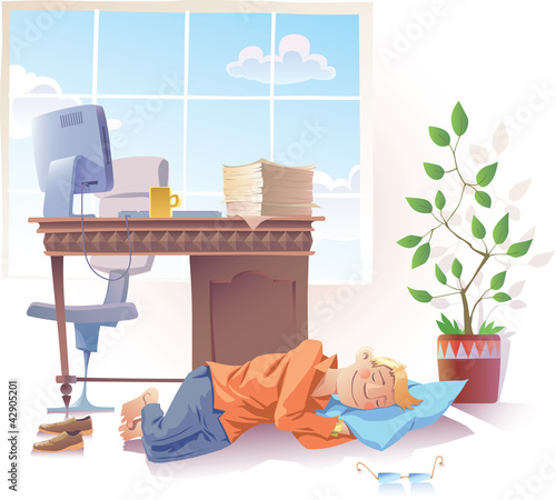 Vector: The young man is sleeping sweet at the office. The young man is sleeping sweet at the office.