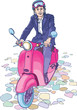 Vektor: Smiling man in a suit is riding the bright pink scooter. Smiling man in a suit is riding the bright pink scooter.
