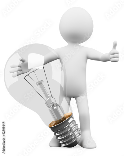 Illustration: 3D white people. Bulb 3D white people. Bulb