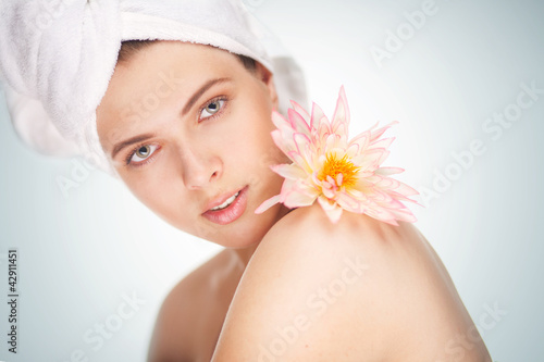 Photo: beauty woman wearing hair towel beauty woman wearing hair towel