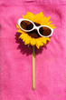 Photo: funny sunflower with sunglasses on a towel relaxing funny sunflower with sunglasses on a towel relaxing