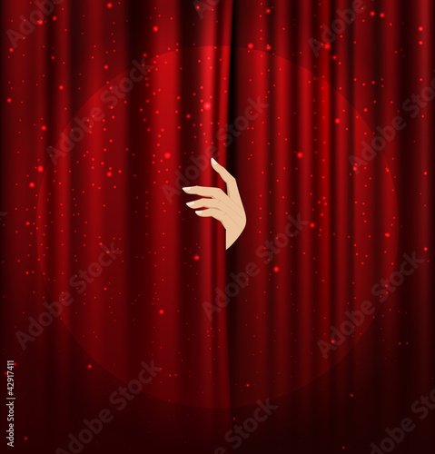 Vector: female hand disclose the scene shifting the red curtain female hand disclose the scene shifting the red curtain