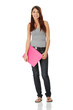Young beautiful student girl is standing with folder.