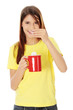 Young beautiful girl is preparing cup of tea.