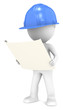 3D little human character The Builder looking at a blueprint.