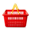 An empty red plastic shopping basket on a white background