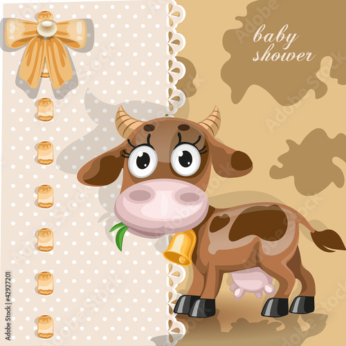 Vector: Delicate baby shower card with cute baby cow Delicate baby shower card with cute baby cow