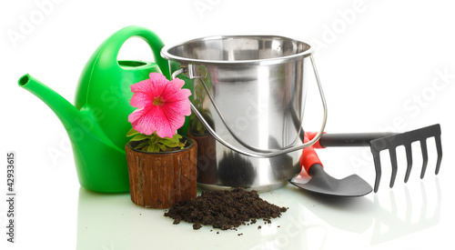 Photo: watering can, bucket, tools and plants in flowerpot isolated watering can, bucket, tools and plants in flowerpot isolated