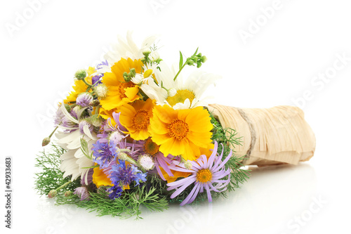 Photo: beautiful bouquet of bright wildflowers, isolated on white beautiful bouquet of bright wildflowers, isolated on white